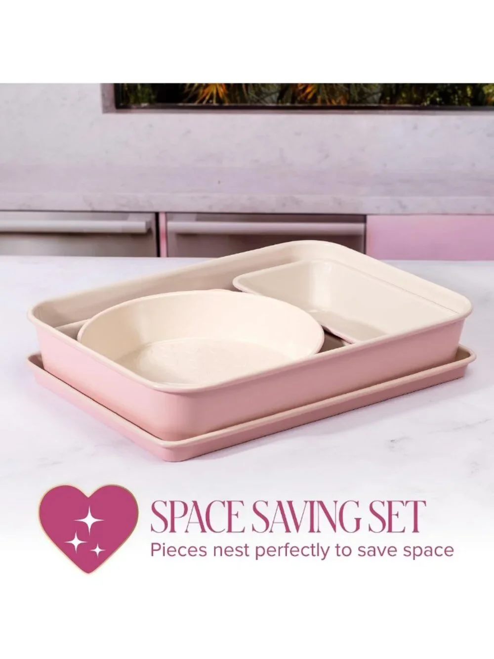 Nonstick Heart Pattern Bakeware Set - 5-Piece Heavy Duty Carbon Steel Pans, Pink